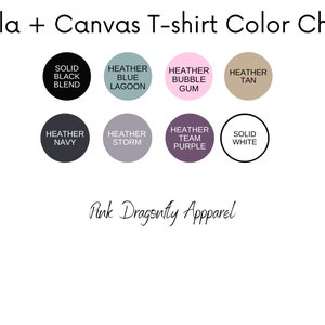 K&ouml;nnte beinhalten: Farbkarte f&uuml;r Bella + Canvas T-Shirts. Die Karte zeigt 10 verschiedene Farben, darunter einfarbig Schwarz-Mix, Heather Blue Lagoon, Heather Bubble Gum, Heather Tan, Heather Navy, Heather Storm, Heather Team Purple, Solid White und mehr.