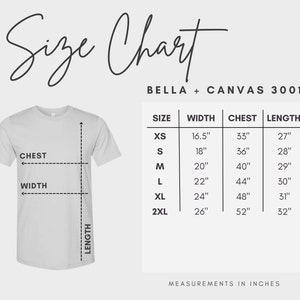 Pu&ograve; includere: Tabella delle taglie per le t-shirt Bella + Canvas 3001, che mostra le misure in pollici per larghezza, petto e lunghezza per le taglie XS, S, M, L, XL e 2XL.
