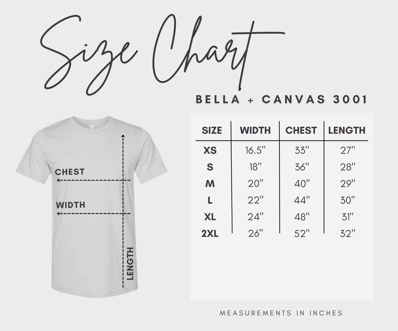 Pu&ograve; includere: Tabella delle taglie per le t-shirt Bella + Canvas 3001, che mostra le misure in pollici per larghezza, petto e lunghezza per le taglie XS, S, M, L, XL e 2XL.