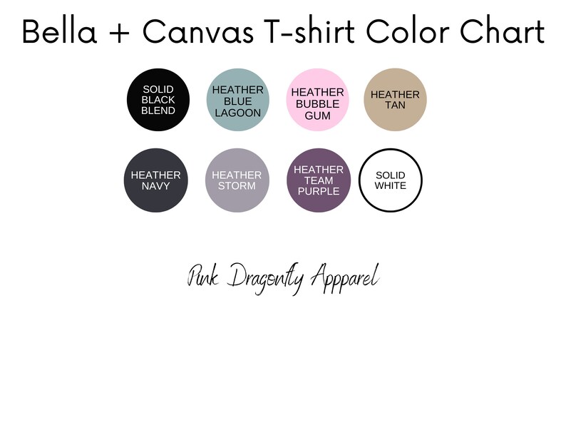 Pu&ograve; includere: Tabella colori per t-shirt Bella + Canvas. La tabella mostra 10 colori diversi, tra cui nero solido misto, laguna blu melange, chewing gum melange, marrone melange, blu navy melange, tempesta melange, viola di squadra melange, bianco solido, e altro ancora.