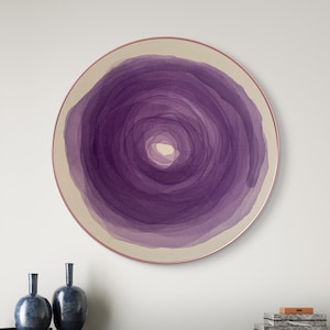 Pintura abstrata redonda original de 60 x 60 cm | Arte de parede minimalista em aquarela sobre tela | Arte com aparência de aquarela, violeta roxo