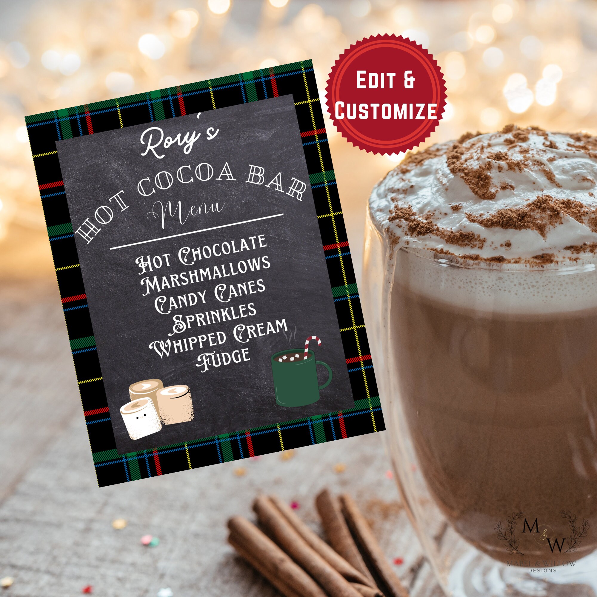 Hot Cocoa Bar Sign Printable Digital Template Red Green Plaid - Etsy