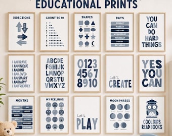 May include: A set of 15 educational prints featuring blue and white designs. The prints display directions, numbers, shapes, days of the week, months, alphabet, moon phases, feelings, and motivational text like You Can Do Hard Things and Yes You Can.