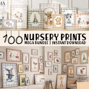 100 Nursery Wall Art Prints Bundle, Baby Animal Decor Set, Gingham Pastel Kids Room Posters, Digital Download, Gender Neutral Art, Cool kids