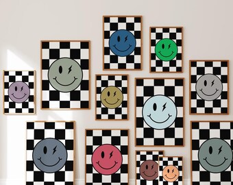 Pack Of 100 Digital Retro Wall Art Prints for Kids & Teens: Fun Checkered Smiley Face Prints to Brighten Playrooms, Bedrooms Creative Spaces