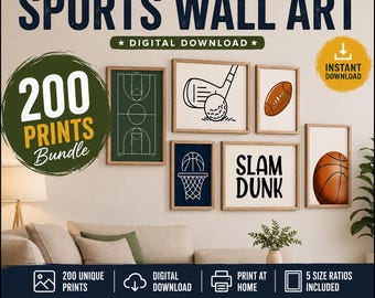 May include: A digital download bundle of 200 sports wall art prints featuring basketball, golf, and football themes. The collection includes various framed illustrations of sports equipment, court diagrams, and text graphics like Slam Dunk.