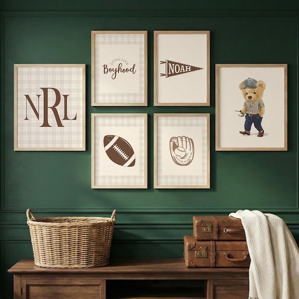 Preppy Nursery Wall Art Set of 6, Custom Name Teddy Bear Sports Prints, Personalized Monogram Boy Room Decor, Vintage Digital Download
