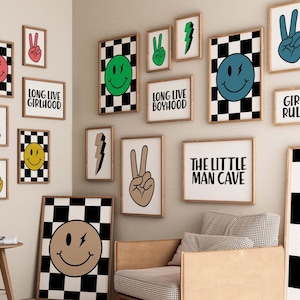 Checkerboard Smiley Wall Art Bundle Of 100, Boys Girls Room Prints, Cool Kids Posters, Modern Playroom Decor, Teen Bedroom Digital Download