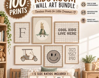Vintage-Wandbilder fürs Kinderzimmer, 100 Drucke im Set, neutrale Kinderzimmerdeko, druckbare Bilderwand, Vintage-Kunst fürs Babyzimmer, digitaler Download