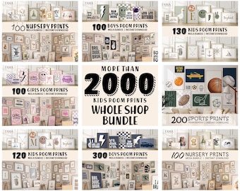 May include: A collection of framed art prints for kids' rooms, nurseries, and sports themes. The image showcases various bundles, including nursery, boys' room, girls' room, and sports prints, with the text "MORE THAN 2000 KIDS ROOM PRINTS WHOLE SHOP BUNDLE."