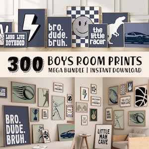 以下が含まれることがあります： 稲妻、スマイリーフェイス、恐竜、レーシングカーなど、さまざまなデザインの額入りウォールアートプリントのコレクション。「Long Live Boyhood」、「Bro. Dude. Bruh.」と「The Little Racer」の文字が含まれています。画像には「300 Boys Room Prints Mega Bundle | Instant Download」とも書かれています。