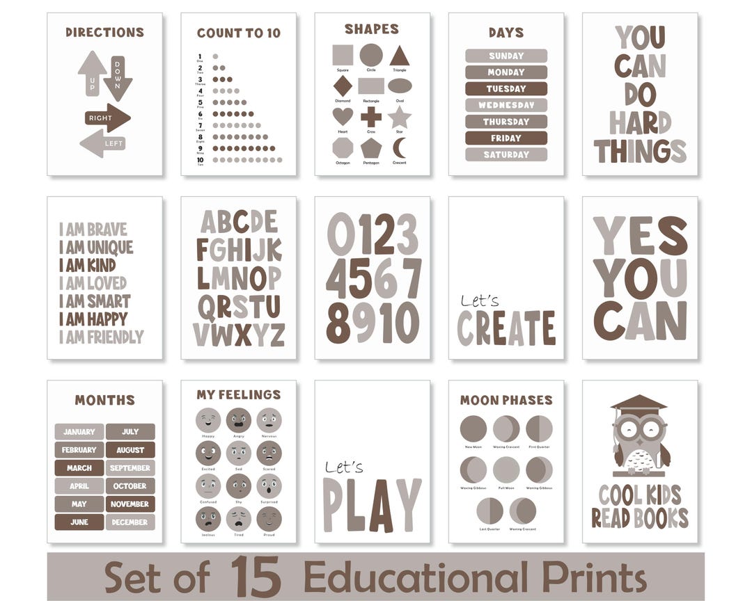 Neutral Educational Posters for Kids, Set of 15 Printable Learning ...