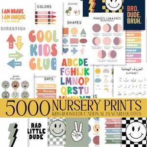 Más de 5000 láminas imprimibles para pared de guardería, pósteres educativos, temática de safari, afirmaciones y citas, láminas para habitaciones infantiles de niños y niñas.
