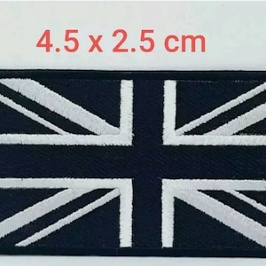 May include: Black and white embroidered Union Jack flag patch, measuring 4.5 x 2.5 cm.