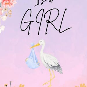 Es ist eine Mädchen Karte - Druckbare Baby-Ankündigung für Mädchen | Storchen Baby Grußbild | Sofort Download