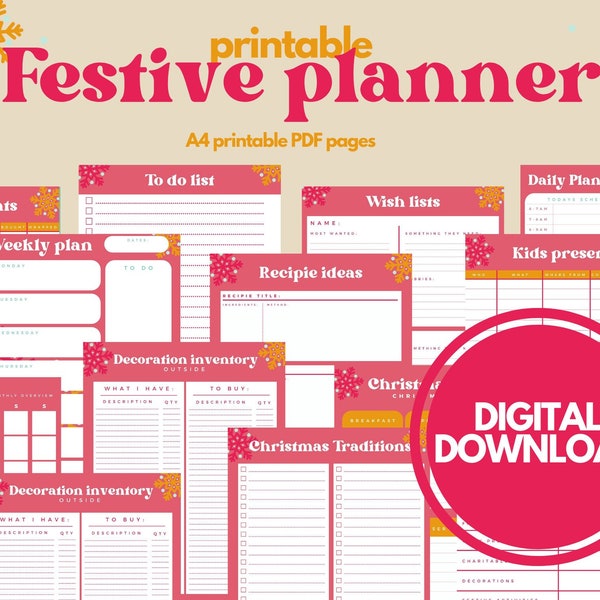 Christmas planner| Holiday planner|  Festive planner|  Gift budget planner| Christmas gift guide| Meal planner| Festive activity planner
