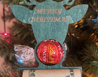 Merry Christmas money and chocolate ornament, green reindeer
