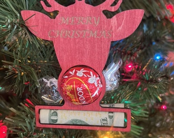 Merry Christmas money and chocolate ornament, red reindeer
