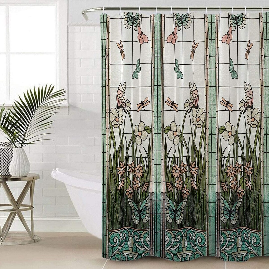 Shower Curtain Stained Glass Meadow Flower Dragonfly Print Etsy