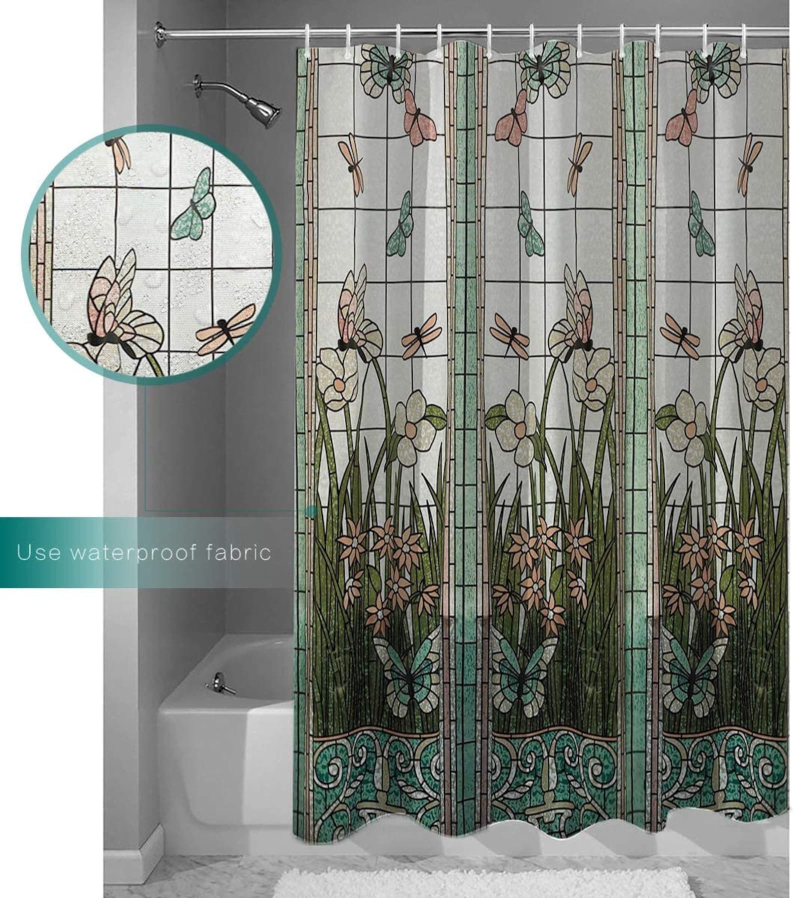 Shower Curtain Stained Glass Meadow Flower Dragonfly Print Etsy