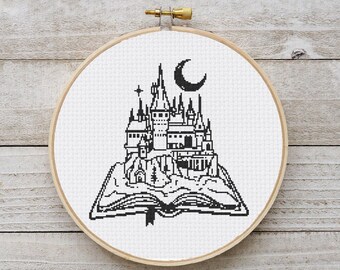 Patrón de punto de cruz del Castillo de la Escuela de Magos, bordado de fantasía DIY (Descarga digital en PDF)