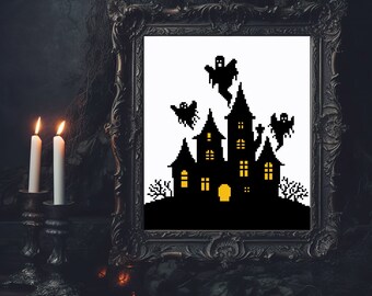 Haunted House Cross Stitch Pattern, Halloween Horror Ghosts Embroidery DIY (Digital Download PDF)