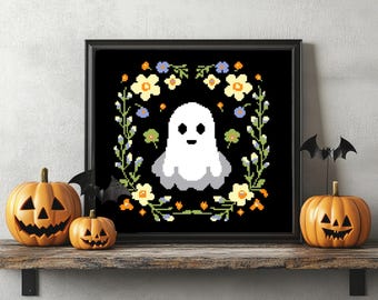 Flowers and Ghost Cross Stitch Pattern, Horror Cross Stitch Chart, Halloween Cross Stitch PDF, Instant Download PDF, Embroidery, DIY, P62