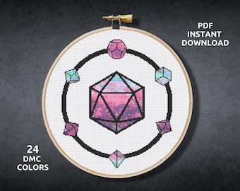 May include: A cross-stitch pattern featuring a galaxy-themed 20-sided die surrounded by smaller dice. The pattern uses 24 DMC colors and is available as an instant PDF download.