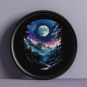 May include: A black and white cross-stitch embroidery of a moonlit landscape with a full moon in the center, surrounded by mountains and trees. The moon is a light blue color with a white surface. The mountains are a dark blue color with a purple and pink sky behind them. The trees are a dark green color.