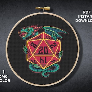 D&D Dragon Cross Stitch Pattern, Embroidery, Dice Cross Stitch, Dungeons and Dragons Cross Stitch, Digital PDF, Counted Cross Stitch, D20