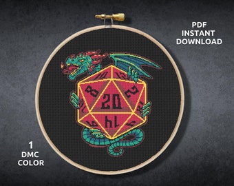 May include: A green dragon with wings holding a red twenty-sided die with gold trim. The die is a common item used in tabletop role-playing games.