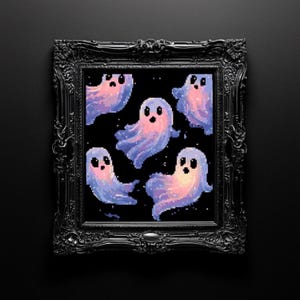 May include: A rectangular black ornate frame containing pixel art of five ghosts against a black background. The ghosts feature a gradient of pastel pink, purple, and blue colors with small white dots resembling stars scattered throughout the dark space.