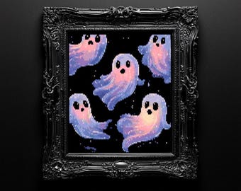 May include: A rectangular black ornate frame containing pixel art of five ghosts against a black background. The ghosts feature a gradient of pastel pink, purple, and blue colors with small white dots resembling stars scattered throughout the dark space.