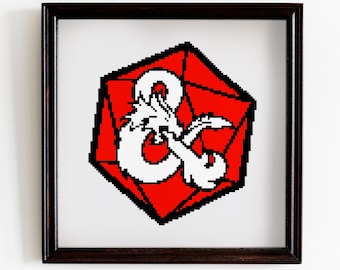 May include: A framed print of a red and white Dungeons and Dragons logo. The logo is a stylized dragon curled around a capital D.