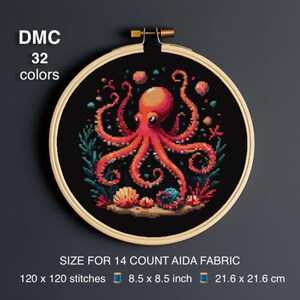 May include: Cross stitch pattern of an octopus with pink and orange tentacles surrounded by coral and seaweed. The pattern is designed for 14 count Aida fabric and measures 8.5 inches by 8.5 inches. DMC 32 colors are used in the pattern.