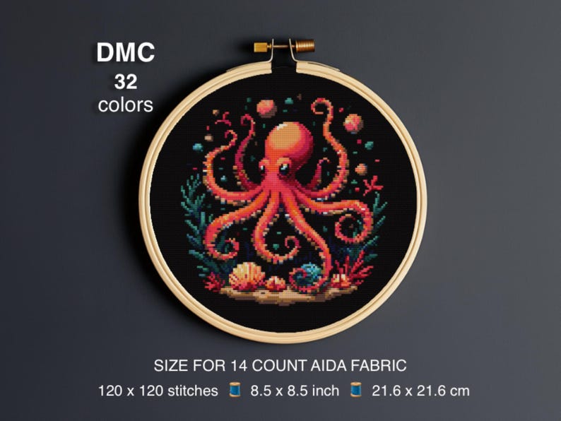 May include: Cross stitch pattern of an octopus with pink and orange tentacles surrounded by coral and seaweed. The pattern is designed for 14 count Aida fabric and measures 8.5 inches by 8.5 inches. DMC 32 colors are used in the pattern.