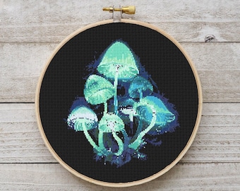 Luminescent Mushroom Cross Stitch Pattern, Fungi Glowing DIY Embroidery (Digital Download PDF)