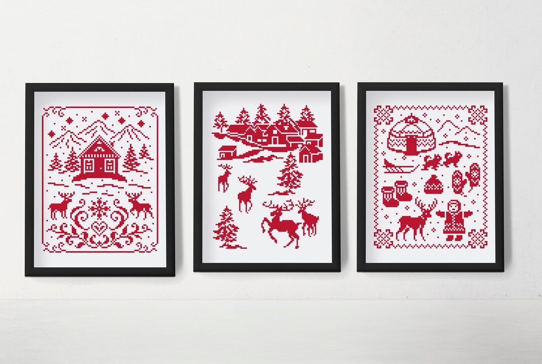 Set of 3 Vintage Christmas Cross Stitch Pattern, Santa Cross Stitch