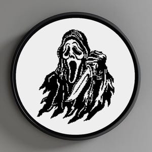 May include: Black and white illustration of a ghost wearing a mask with a knife. The ghost is in a hooded robe and has a scream face mask.