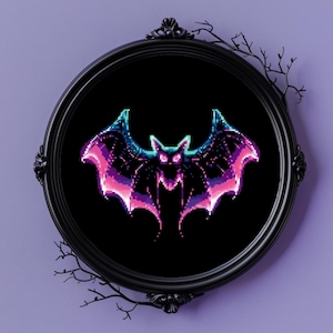 Enchanted Bat Cross Stitch Pattern, Halloween Cross Stitch, Neon Cross Stitch PDF, Digital Download PDF, Embroidery Modern Cross Stitch, P42