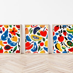 Abstract Fruits Cross Stitch Pattern: Set of 3 Summer Embroidery DIY (Digital Download PDF)