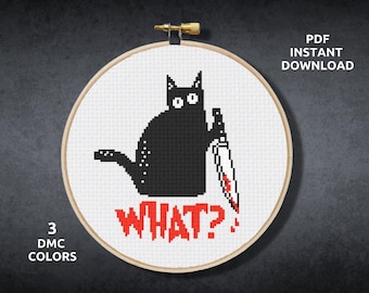 Killer Kitty Cross Stitch Pattern, Funny Black Cat Embroidery (Digital Download PDF)