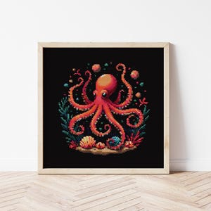 May include: A red octopus with eight tentacles surrounded by coral and seashells on a black background.