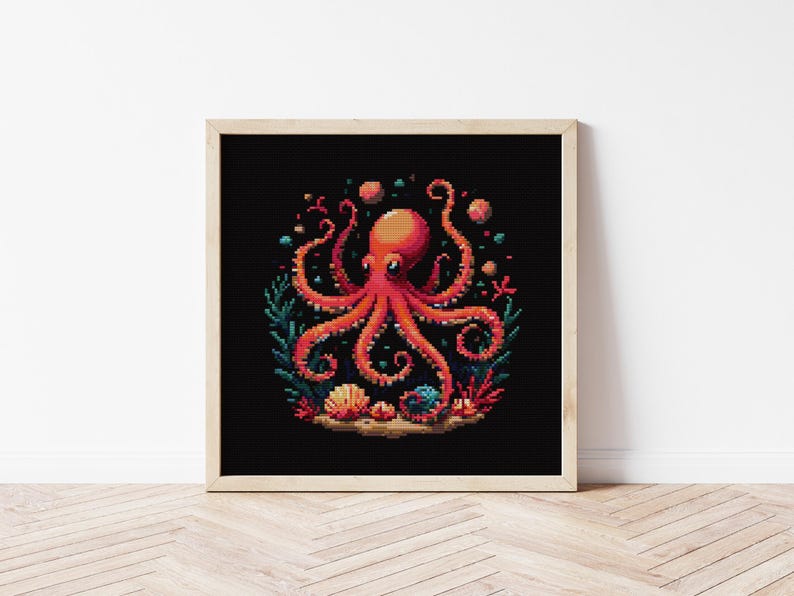 May include: A red octopus with eight tentacles surrounded by coral and seashells on a black background.