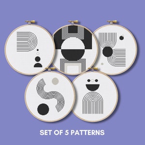 Set di 5 schemi punto croce geometrici, arte punto croce, download digitale PDF, ricamo, schema punto croce moderno, ricamo fai da te