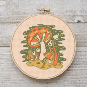 Funky Mushroom Cross Stitch Pattern, 70s Fungi Groovy Embroidery DIY (Digital Download PDF)