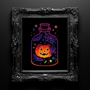 May include: A framed pixel art print of a Halloween potion bottle. The bottle contains a jack-o'-lantern, bats, spiders, and a spiderweb. The artwork uses orange, purple, and blue against a black background.