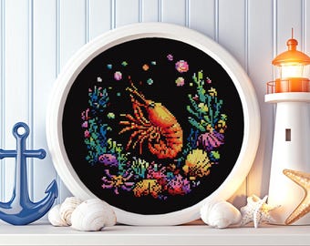 Shrimp Cross Stitch Pattern: Whimsical Sea Embroidery (Digital Download PDF) P158