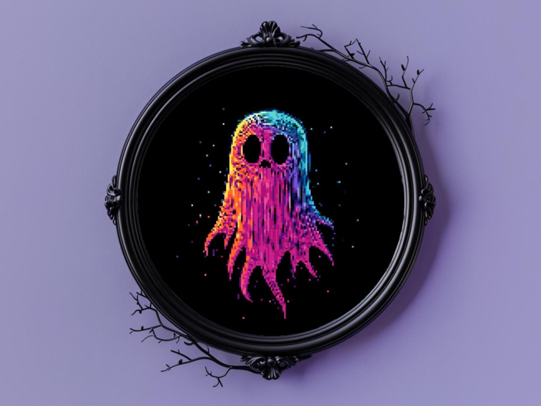 Enchanted Ghost Cross Stitch Pattern, Halloween Cross Stitch, Neon Cross Stitch PDF, Instant Download PDF Embroidery Modern Cross Stitch P59