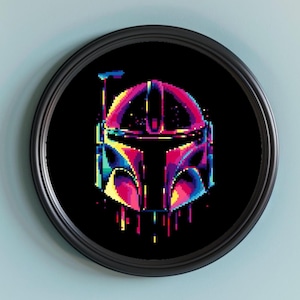 May include: A pixelated illustration of a Boba Fett helmet in a neon color scheme with pink, blue, and green accents on a black background.